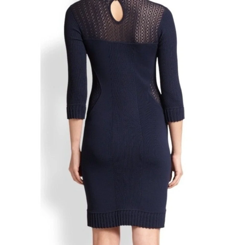 Marchesa Voyage Navy Blue Crochet Lace‎ Ribbed Knit Sheath Dress XS 3/4 Sleeve - Picture 2 of 9